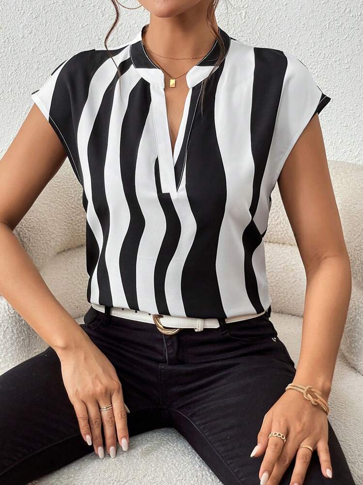 SHEIN Privé Blouse À Rayures Manches Chauve-Souris - Noir et Blanc - Voir 3
