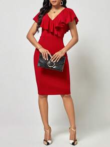 SHEIN Clasi 荷葉邊緊身洋裝 - 紅色 - 查看 4