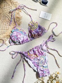 Swim Vcay Summer Beach Paisley Print Triangle Tie Side Bikini Set - Lilac Purple - View 3