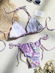 Swim Vcay Summer Beach Paisley Print Triangle Tie Side Bikini Set - Lilac Purple - View 2