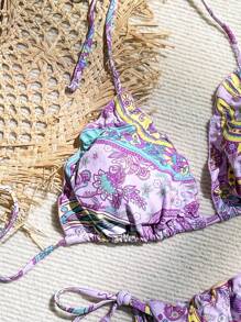 Swim Vcay Summer Beach Paisley Print Triangle Tie Side Bikini Set - Lilac Purple - View 5