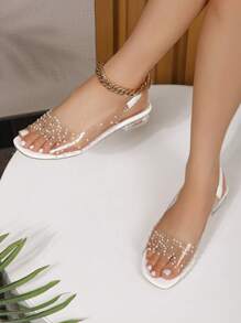 Glamorous Sandals For Women, Rhinestone Decor Clear Strap Slingback Sandals Valentines - White - View 5