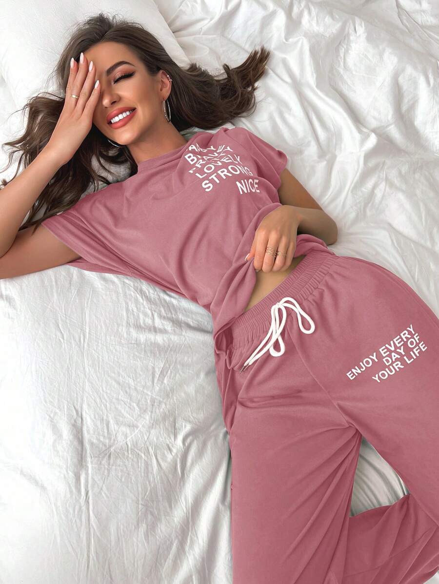 Bộ đồ giản dị Nữ Thắt nút Slogan - Bụi hồng - Xem 1