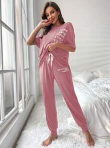 Bộ đồ giản dị Nữ Thắt nút Slogan - Bụi hồng - Xem 6