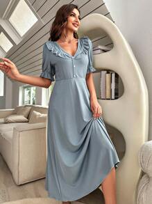 荷葉邊荷葉袖前紐扣睡裙 - 霧霾藍 - 查看 1