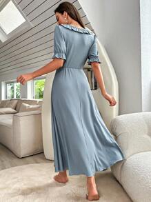 荷葉邊荷葉袖前紐扣睡裙 - 霧霾藍 - 查看 2