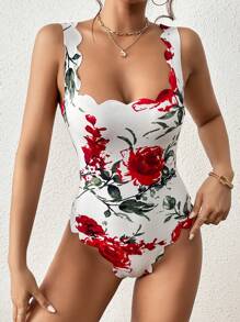 SHEIN Privé Floral Print Scallop Trim Tank Bodysuit - White - View 2