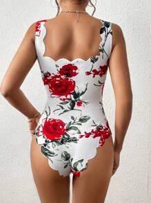 SHEIN Privé Floral Print Scallop Trim Tank Bodysuit - White - View 4