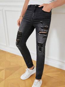 Manfinity LEGND Men Cotton Ripped Skinny Jeans - Dark Grey - View 1