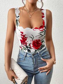 SHEIN Privé Floral Print Scallop Trim Tank Bodysuit - White - View 3