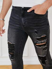 Manfinity LEGND Men Cotton Ripped Skinny Jeans - Dark Grey - View 4