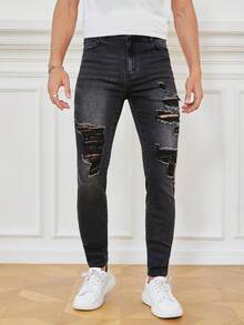 Manfinity LEGND Men Cotton Ripped Skinny Jeans - Dark Grey - View 6