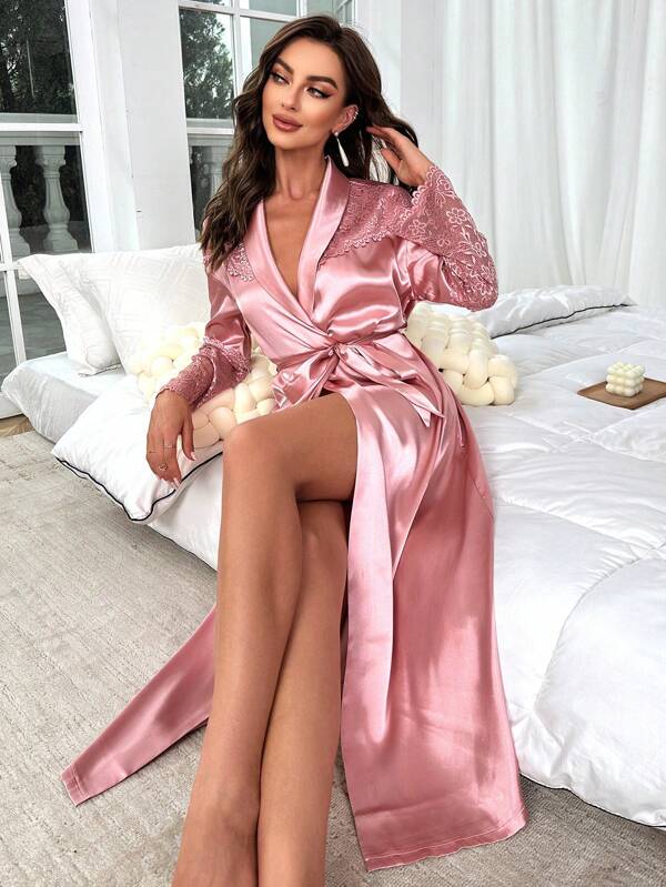 Contrast Lace Belted Satin Robe SHEIN USA