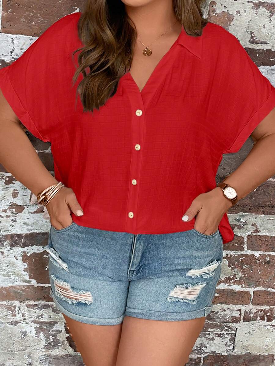 SHEIN LUNE Plus Batwing Sleeve Button Front Shirt - Red - View 1