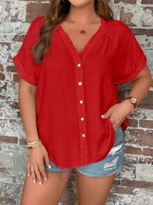 SHEIN LUNE Plus Batwing Sleeve Button Front Shirt - Red - View 3