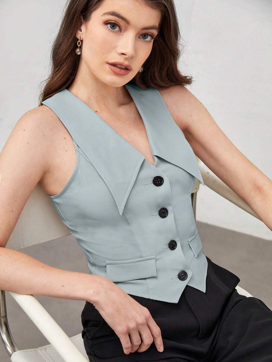 BizChic Button Front Flap Detail Shirt Workwear - Mint Blue - View 1