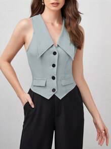 BizChic Button Front Flap Detail Shirt Workwear - Mint Blue - View 4