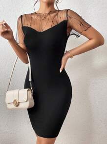 SHEIN Privé Contrast Mesh Lettuce Trim Bodycon Dress - Black - View 3