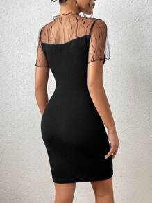 SHEIN Privé Contrast Mesh Lettuce Trim Bodycon Dress - Black - View 5