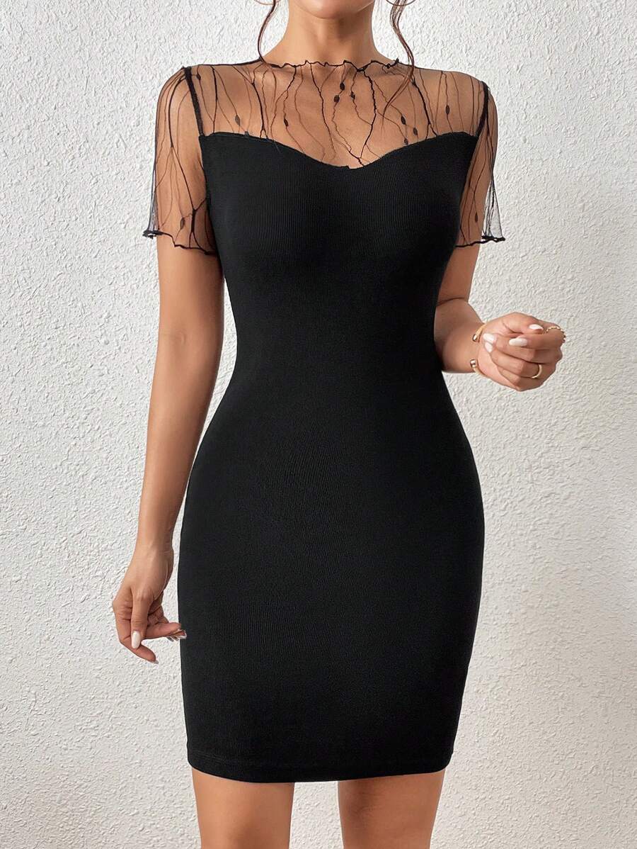 SHEIN Privé Contrast Mesh Lettuce Trim Bodycon Dress - Black - View 1