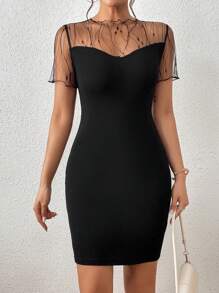 SHEIN Privé Contrast Mesh Lettuce Trim Bodycon Dress - Black - View 4