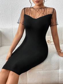 SHEIN Privé Contrast Mesh Lettuce Trim Bodycon Dress - Black - View 2