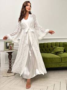 Contrast Lace Cami Dress & Robe PJ Set