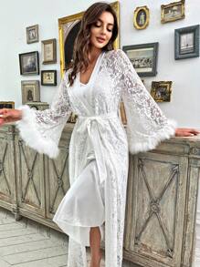 Contrast Lace Cami Dress & Robe PJ Set