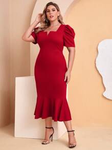 SHEIN Clasi 大碼缺口領泡泡袖魚尾裙下擺連衣裙