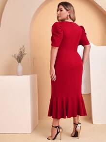 SHEIN Clasi 大碼缺口領泡泡袖魚尾裙下擺連衣裙