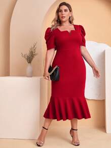 SHEIN Clasi 大碼缺口領泡泡袖魚尾裙下擺連衣裙