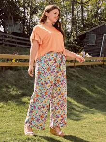 SHEIN VCAY Plus Ruffle Trim Top & Floral Print Knot Waist Trousers - Coral Orange - View 3