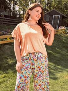SHEIN VCAY Plus Ruffle Trim Top & Floral Print Knot Waist Trousers - Coral Orange - View 4