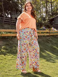 SHEIN VCAY Plus Ruffle Trim Top & Floral Print Knot Waist Trousers - Coral Orange - View 5