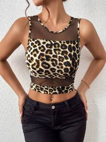 SHEIN Unity Top tank crop con estampado de leopardo de malla en contraste - Multicolor - Ver 3