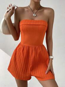 SHEIN EZwear 素色抹胸連體短褲 - 橘色 - 查看 5