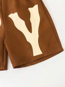 SHEIN Boys Letter Graphic Elastic Waist Shorts - Brown - View 4