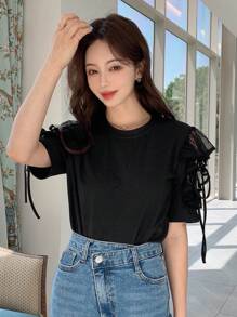 DAZY Áo thun nữ Tương phản Mesh Thắt nút màu trơn Giải trí - màu đen - Xem 2