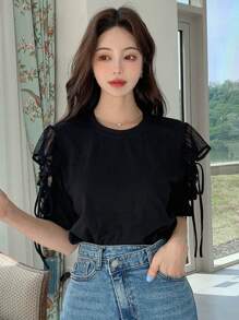 DAZY Áo thun nữ Tương phản Mesh Thắt nút màu trơn Giải trí - màu đen - Xem 3