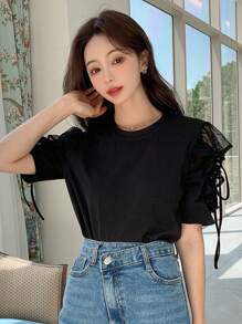 DAZY Áo thun nữ Tương phản Mesh Thắt nút màu trơn Giải trí - màu đen - Xem 4