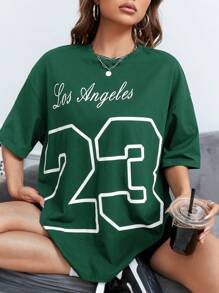 SHEIN EZwear Letter Graphic Drop Shoulder Tee - Dark Green - View 1