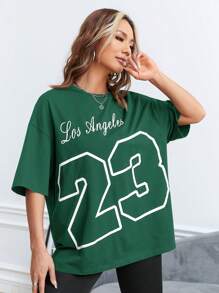 SHEIN EZwear Letter Graphic Drop Shoulder Tee - Dark Green - View 3