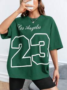 SHEIN EZwear Letter Graphic Drop Shoulder Tee - Dark Green - View 4