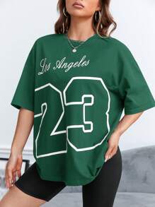 SHEIN EZwear Letter Graphic Drop Shoulder Tee - Dark Green - View 5