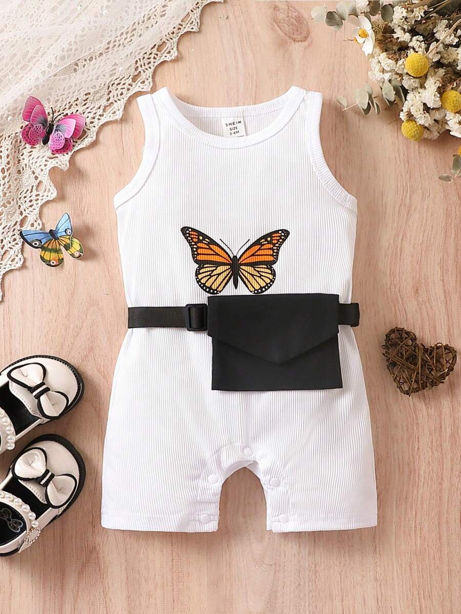 Baby Butterfly Print Tank Romper With Belt Bag - White - View 1