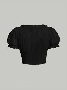 SHEIN MOD Áo thun Plus size Tương phản ren viền lá sen Thắt nơ trước màu trơn Giải trí - màu đen - Xem 2