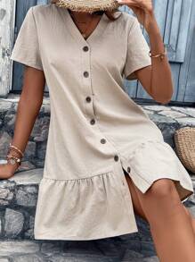 SHEIN VCAY Solid Button Front Ruffle Hem Smock Dress - Apricot - View 3