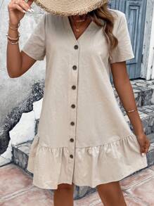 SHEIN VCAY Solid Button Front Ruffle Hem Smock Dress - Apricot - View 4