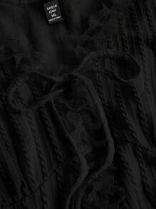 SHEIN MOD Áo thun Plus size Tương phản ren viền lá sen Thắt nơ trước màu trơn Giải trí - màu đen - Xem 4