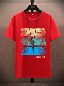 Manfinity RSRT 男士熱帶印花和字母圖案T恤 - 紅色 - 查看 1